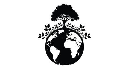 A world map embraced by a tree depicting environmental harmony silhouette © IMkM00i76