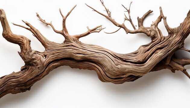 dead tree branches with dry textured wood and intricate natural shapes creating sharp organic lines and rugged detail isolated on white background