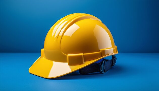 a vibrant yellow construction helmet rests against a bright blue background