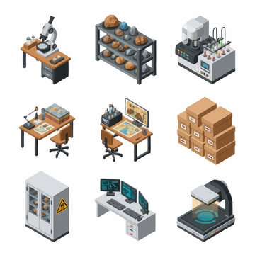 Collection of Isometric Laboratory and Industrial Equipment Icons.