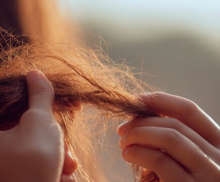 dry split hair ends between fingers in bright natural sunlight