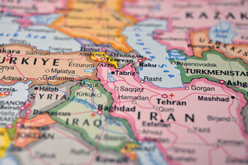 Naklejka premium Tabriz Iran on World Map Close Up Macro Defocused Background Geographic Image