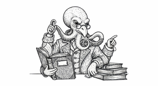 Intelligent Octopus Professor Reading Books and Teaching.