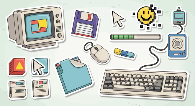 Vintage computer hardware and peripherals icons.