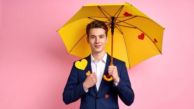 Smiling man with a heart-decorated umbrella