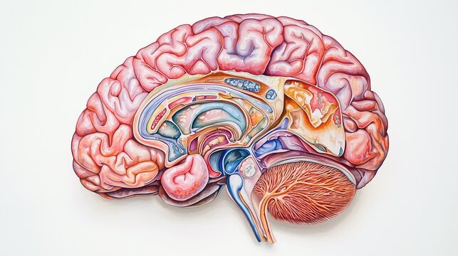 Neurodiagnostic Week: A professional Frank Netter inspired medical illustration of sagittal brain cross-section, rich gouache painting technique, vivid anatomical color coding of brain regions