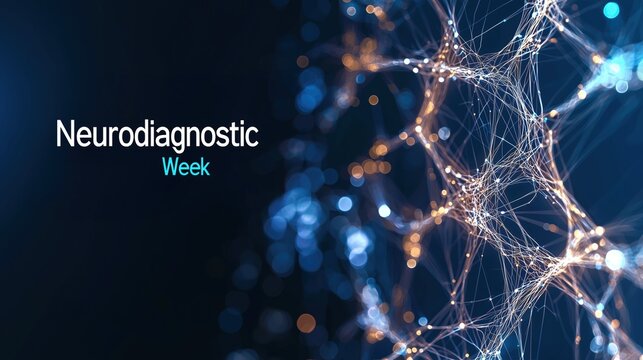 A sleek medical conference banner with text "Neurodiagnostic Week" in bold uppercase letters, background features a glowing neural network visualization 