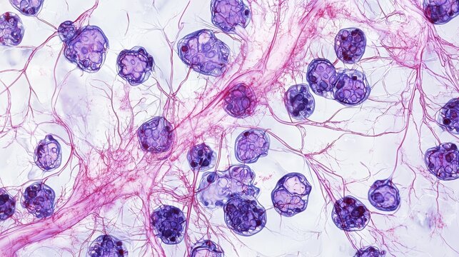 A stunning medical illustration of brain tissue histology under microscope, precise scientific rendering of neurons glial cells and capillaries, H&E staining color palette 