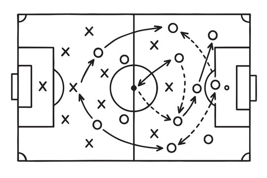 Vector illustration of a football strategy sketched on a chalkboard, featuring monochrome field markings, player icons, and arrows explaining tactics and team movement.
