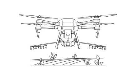 Line drawing of a drone hovering over a field with sparse vegetation © JOHIRUL_STUDIO