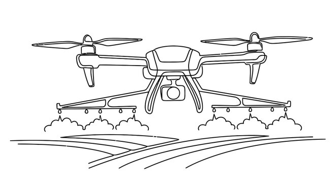 Line drawing of a drone flying over a field showcasing aerial technology