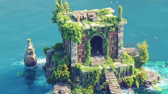 Abandoned library building on an island in 3D isometric low poly clay style 4K Videos