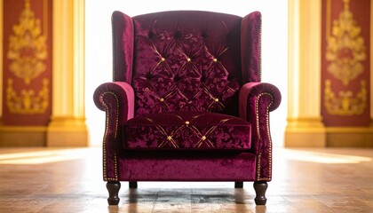 Fototapeta premium Luxurious Deep Burgundy Velvet Wingback Armchair with Gold Floral Embroidery and Tufted Detailing