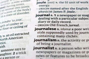 Fototapeta premium Close Up English Dictionary Page With The Word Translation Of - journalese