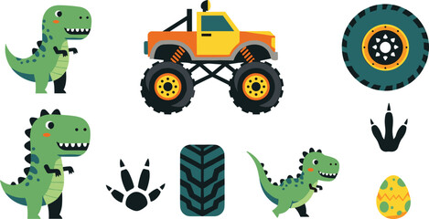 Cute Dinosaur and Monster Truck Illustration Set with T Rex Characters, Tire Tracks, Wheels and Prehistoric Theme Kids Vector Collection © ABDUL HAKIM
