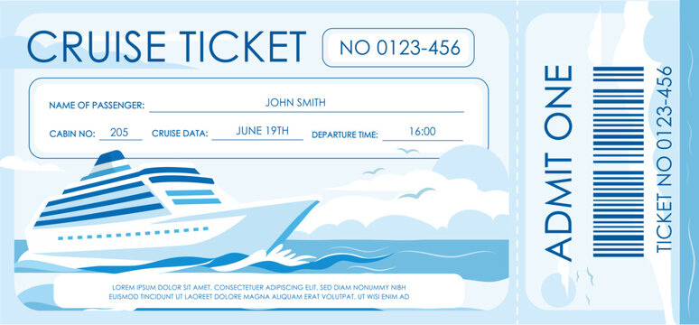 Template for a boarding pass with a cruise ship. Vector, fillable fields, barcode. For tourism projects.