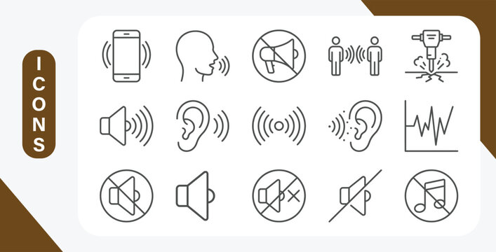 Noise and sound pollution line icon set with loud sound and echo outline vector symbols.
