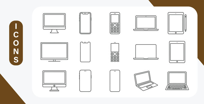 Electronic devices line icon set with computers, laptops, tablets and mobile phones outline vector symbols.