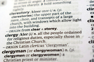 English Dictionary Page Close Up With The Word Transcription Of -clergy