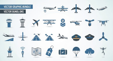 Aviation Icon Set - Comprehensive Collection of Aircraft and Airport Elements. © Tama