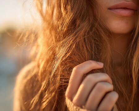 woman touching dry sun damaged hair ends while standing outdoors under summer sunlight