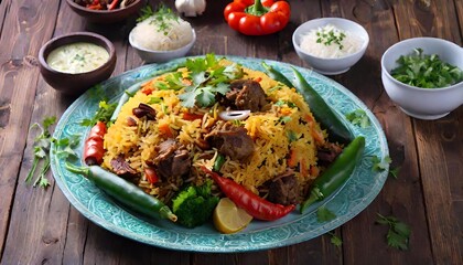 Traditional lamb biryani rice with aromatic spices and fresh cucumber garnish served on a decorative plate.