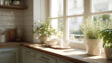 Fototapeta premium Kitchen countertop with a window in the background. on the countertop, there are several potted plants with green leaves and white flowers.