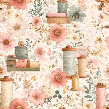 Delicate vintage pattern with sewing spools, books and pastel flowers in soft watercolor style; cozy handmade concept perfect for textiles, craft branding, wrapping and home decor