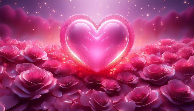 glowing pink heart on pink rose pedals