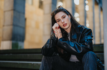 Fototapeta premium A young girl wearing a black leather jacket sits on outdoor stairs looking at the camera. Urban portrait captures a contemplative, casual fashion moment with natural expression.