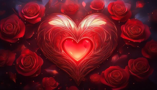 glowing red heart centered over red rose pedals