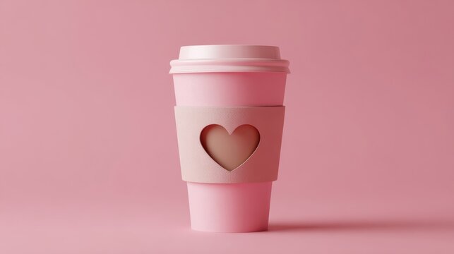 The coffee cup in pastel pink with heart sleeve on seamless pink background