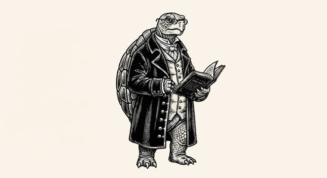 Anthropomorphic Turtle Dressed in Victorian Gentleman Attire Reading a Book.