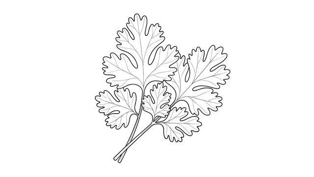 Black and white line drawing of fresh coriander or cilantro leaves for use in culinary and botanical illustrations.