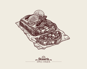 Apple Strudel with Walnuts, Raisins and Two Ice Cream Balls. Traditional Austrian Dessert. Apfelstrudel. Dessert with Puff Pastry. Line art Illustration, Sketch Style. © inna72