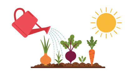 Red watering can pouring water onto growing vegetables like onion, beet, and carrot in a garden under a bright sun.