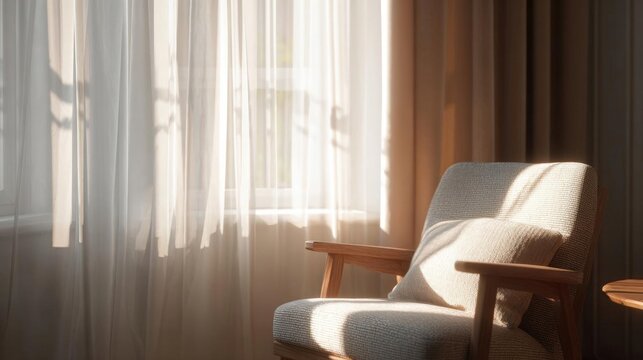 Corner of a room with a window. the window is covered with sheer white curtains that are open, allowing natural light to enter the room.