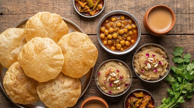 Top-down flatlay of traditional Halwa Puri breakfast with chickpea curry