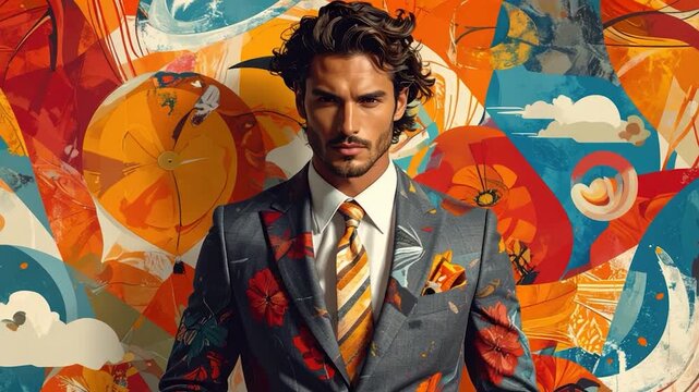 Dapper man in floral suit against abstract vibrant art backdrop