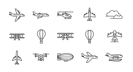 Collection of Various Aircraft and Flying Vehicles Line Art. © Tama