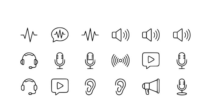 A set of minimalist line art icons representing various audio and video communication symbols
