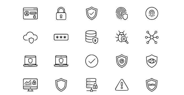 A collection of cybersecurity icons in a minimalist line art style