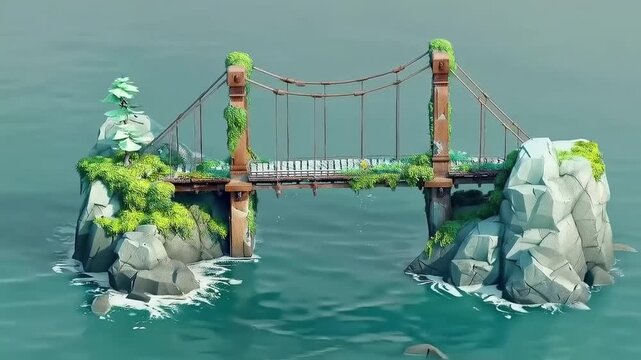 Abandoned suspension bridge on a clay island in 3D isometric low poly 4K Videos