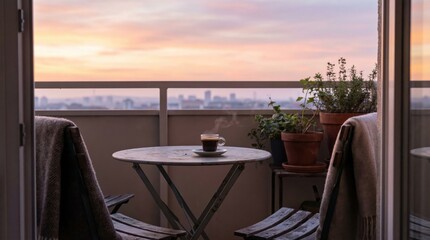 Obraz premium Cozy balcony with coffee at sunset.