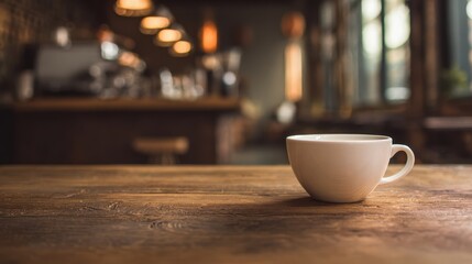 Fototapeta premium The Coffee Cup on a Rustic Wooden Table in a Cozy Cafe Interior