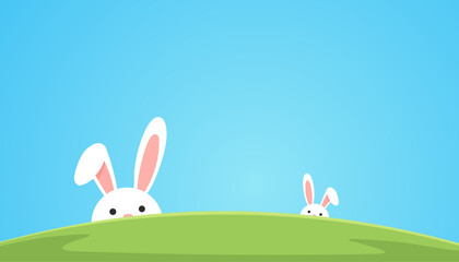 Cute cartoon Easter bunnies peeking over a green hill against a bright blue sky