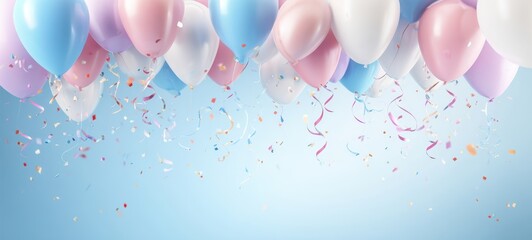 Obraz premium The Balloons and Confetti Floating Over a Pastel Blue Party Background