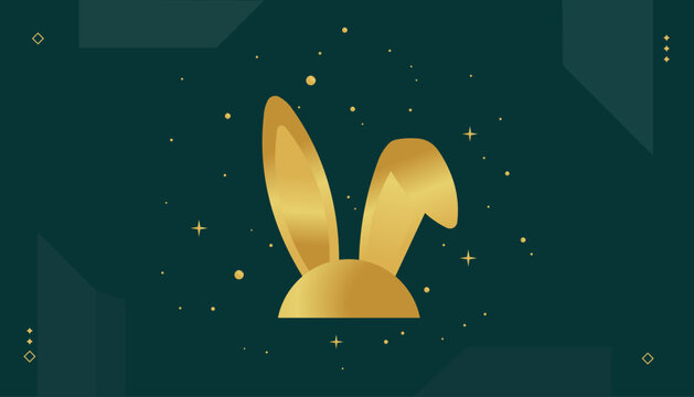 Elegant golden bunny ears emerge from a dark green background with subtle starry accents