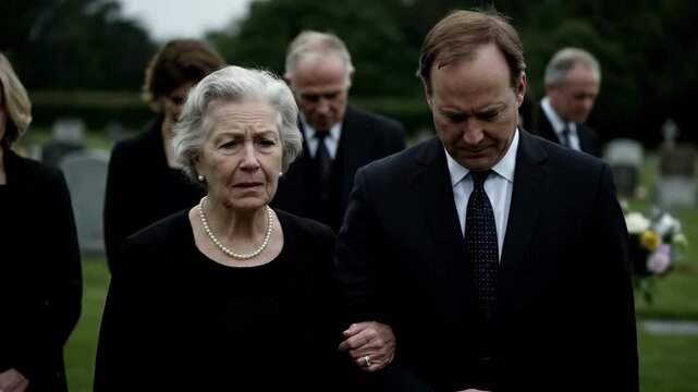 Solemn Procession - Mourners Walk in a Cemetery, Showing Grief and Support.