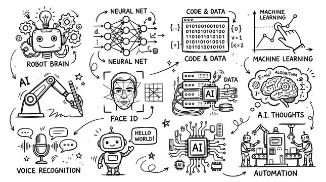 Set of Artificial Intelegent doodles. hand drawn style. black and white line art drawing. Ai. Illustration